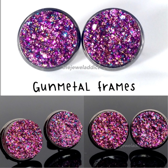 3 for 15🎀magenta glitter faux Druzy silver studs - Picture 12 of 14